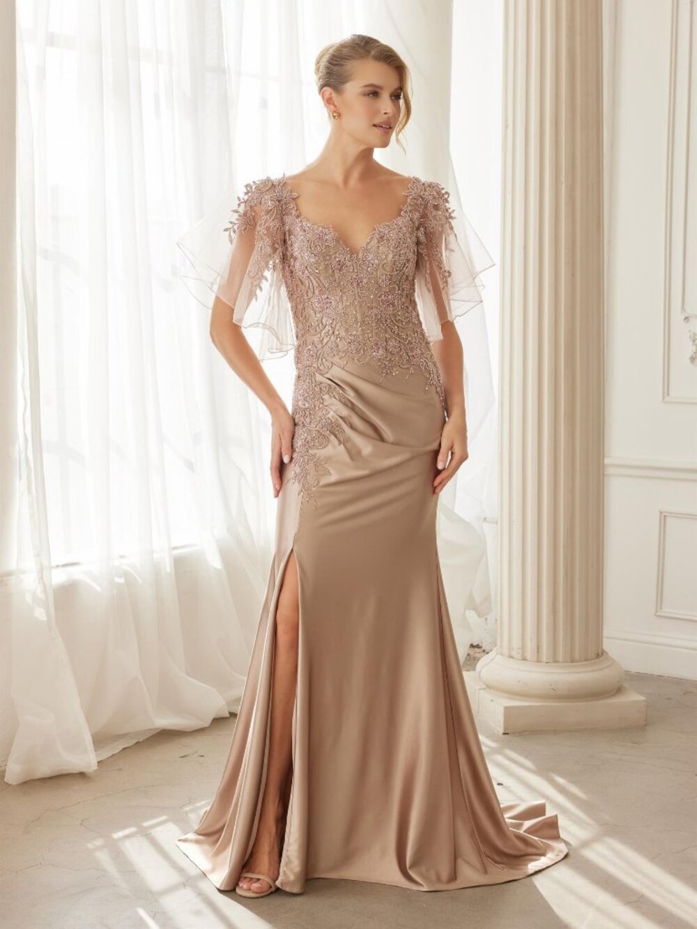 PLUS SIZE FORMAL DRESS. MOTHER OF THE BRIDE/GROOM MOCHA GOLD SLEEVE PLUS SIZE